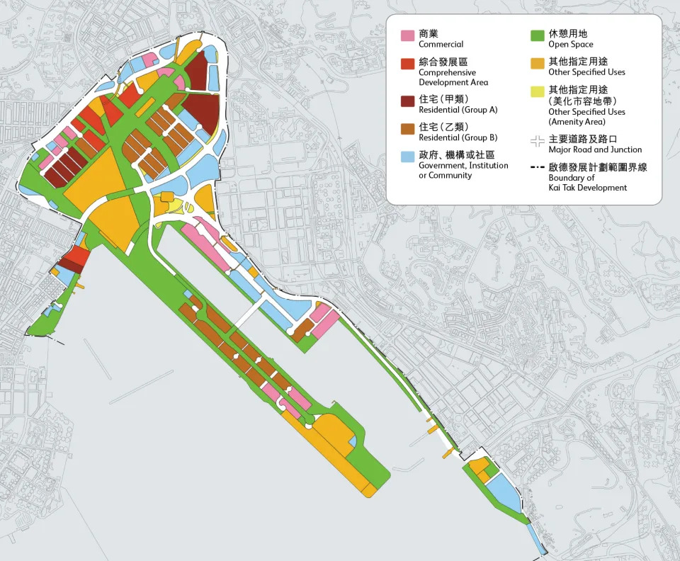 啟德發展區的用地按《啟德分區計劃大綱核准圖》發展，該圖多年來已經多次修訂。 （圖片來源：城市規劃委員會）