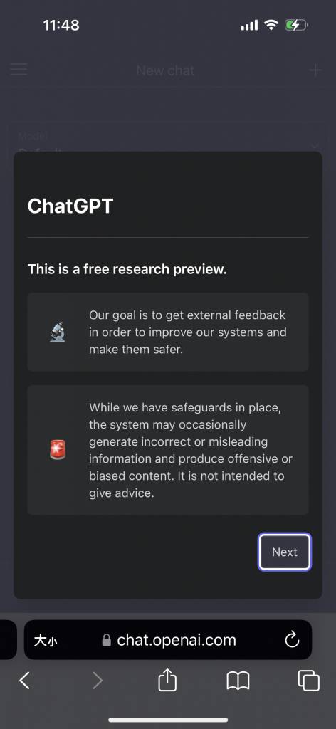ChatGPT手機版 同意按「Next」進入下一步