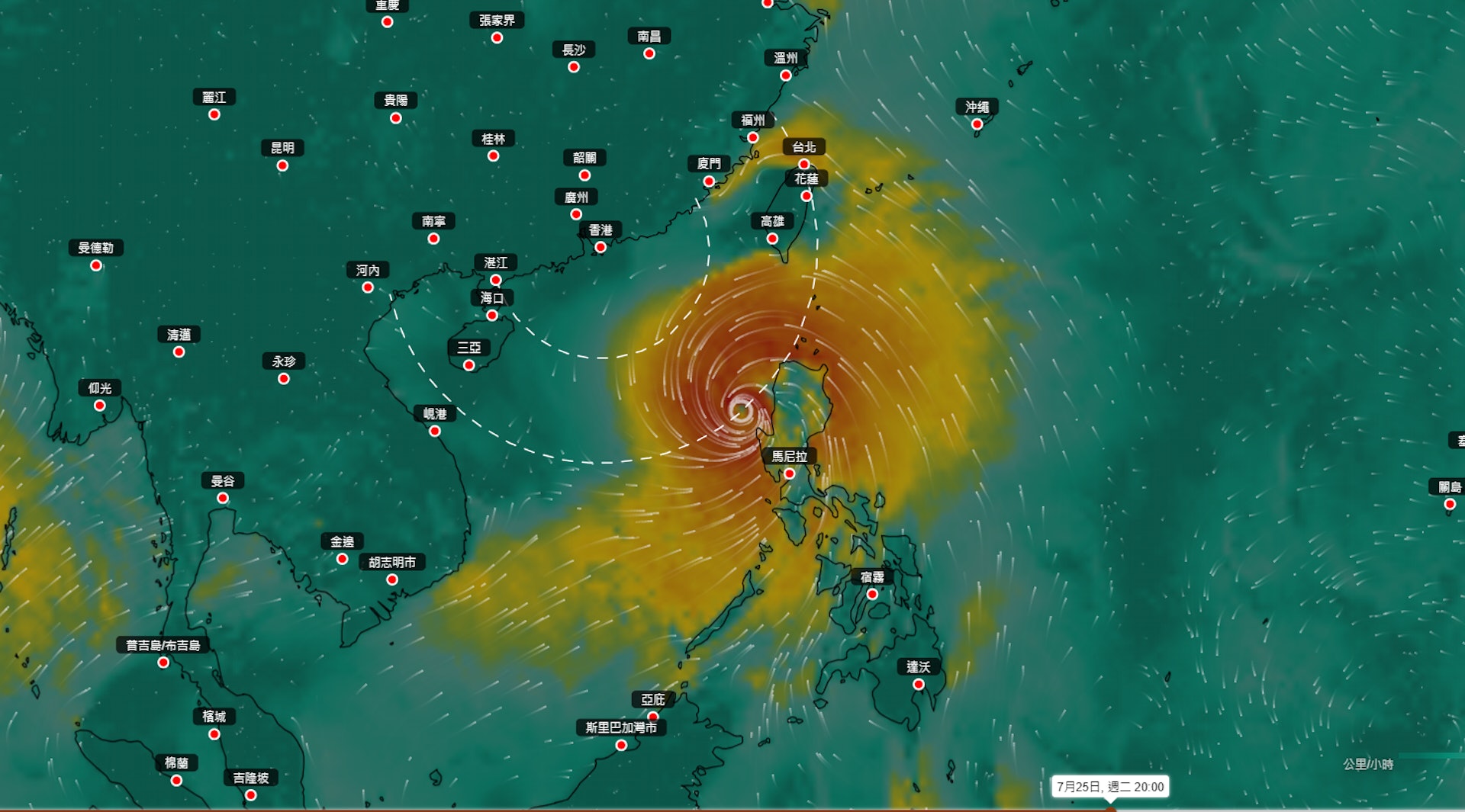 天文台引用歐洲中期天氣預報中心（ECMWF）編製的「地球天氣」風速圖可見，目前位於菲律賓以東海域的低壓區形成的熱帶氣旋會於下星期二（25日）進入南海，下星期四（27日）凌晨闖入香港400公里範圍之內，預計當日晚上直至下星期五（28日）凌晨最接近香港。（天文台「地球天氣」風速圖截圖）