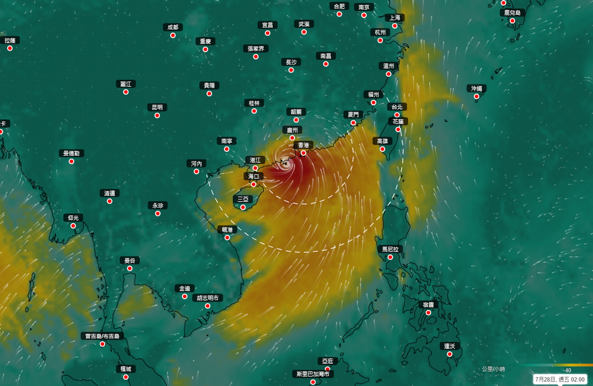 天文台引用歐洲中期天氣預報中心（ECMWF）編製的「地球天氣」風速圖可見，目前位於菲律賓以東海域的低壓區形成的熱帶氣旋會於下星期二（25日）進入南海，下星期四（27日）凌晨闖入香港400公里範圍之內，預計當日晚上直至下星期五（28日）凌晨最接近香港。（天文台「地球天氣」風速圖截圖）