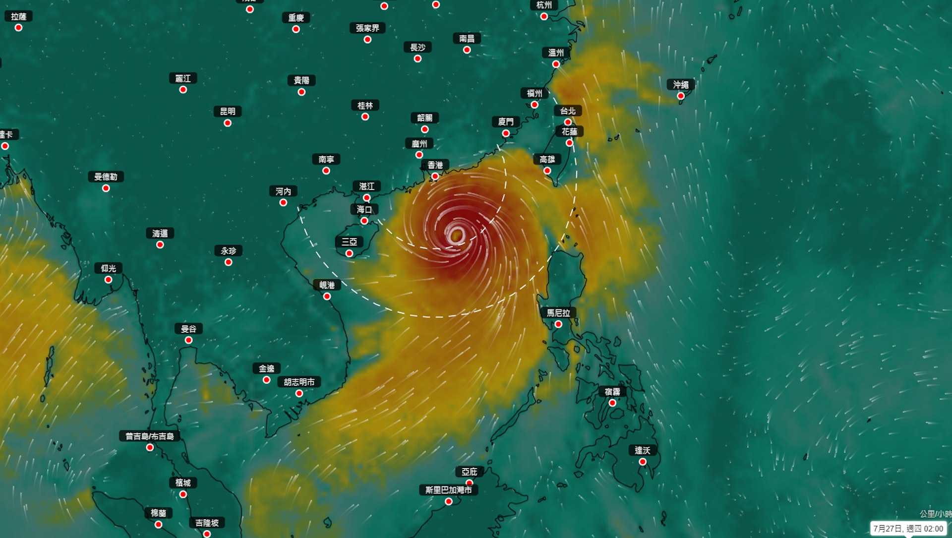 天文台引用歐洲中期天氣預報中心（ECMWF）編製的「地球天氣」風速圖可見，目前位於菲律賓以東海域的低壓區形成的熱帶氣旋會於下星期二（25日）進入南海，下星期四（27日）凌晨闖入香港400公里範圍之內，預計當日晚上直至下星期五（28日）凌晨最接近香港。（天文台「地球天氣」風速圖截圖）