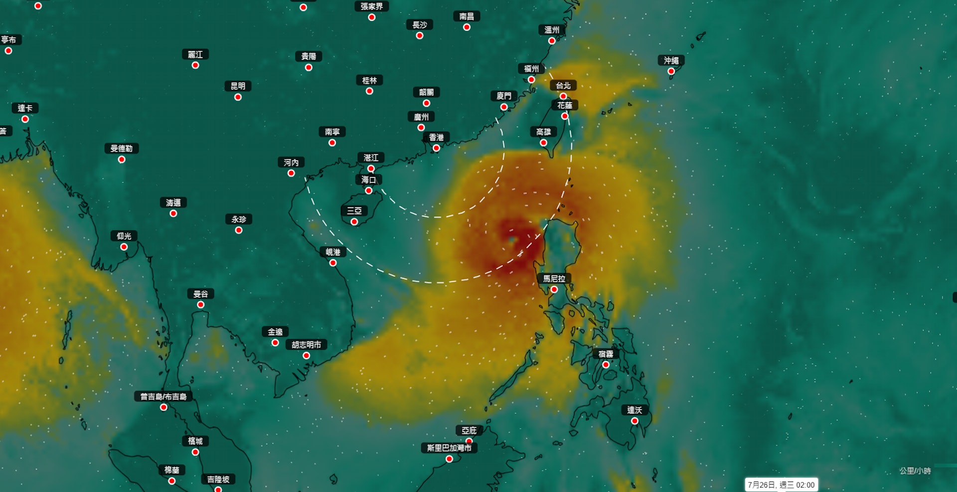 天文台引用歐洲中期天氣預報中心（ECMWF）編製的「地球天氣」風速圖可見，目前位於菲律賓以東海域的低壓區形成的熱帶氣旋會於下星期二（25日）進入南海，下星期四（27日）凌晨闖入香港400公里範圍之內，預計當日晚上直至下星期五（28日）凌晨最接近香港。（天文台「地球天氣」風速圖截圖）