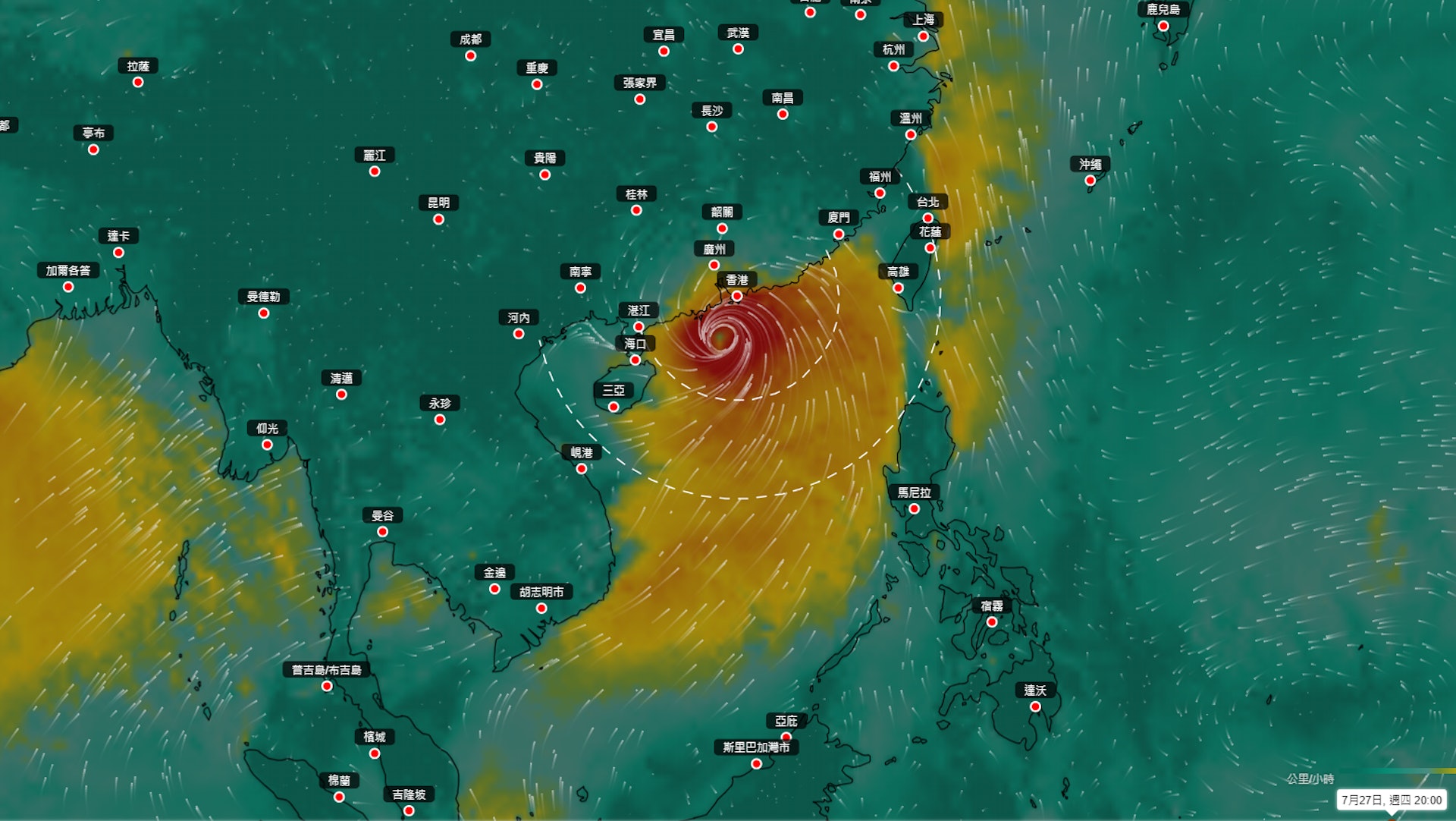 天文台引用歐洲中期天氣預報中心（ECMWF）編製的「地球天氣」風速圖可見，目前位於菲律賓以東海域的低壓區形成的熱帶氣旋會於下星期二（25日）進入南海，下星期四（27日）凌晨闖入香港400公里範圍之內，預計當日晚上直至下星期五（28日）凌晨最接近香港。（天文台「地球天氣」風速圖截圖）