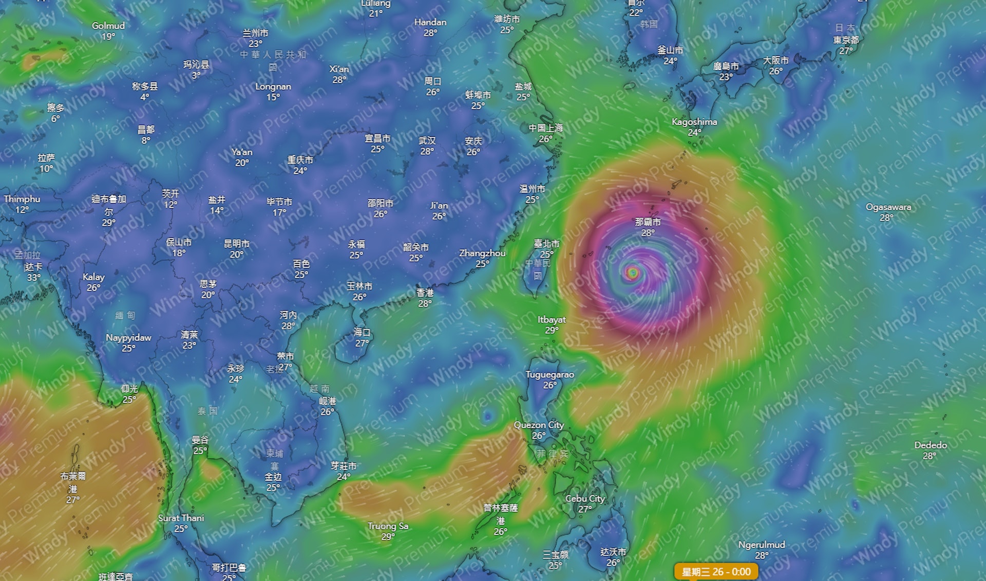 美國全球預報系統（GFS）則顯示，菲律賓以東海域的低壓區會形成熱帶氣旋會於下是期二（25日）向西北方向移動，掠過台灣以東海域，下星期四（27日）向北移動進入黃海，直至下星期五（28日）登陸朝鮮半島西北部，對香港並無影響。（Windy.com）