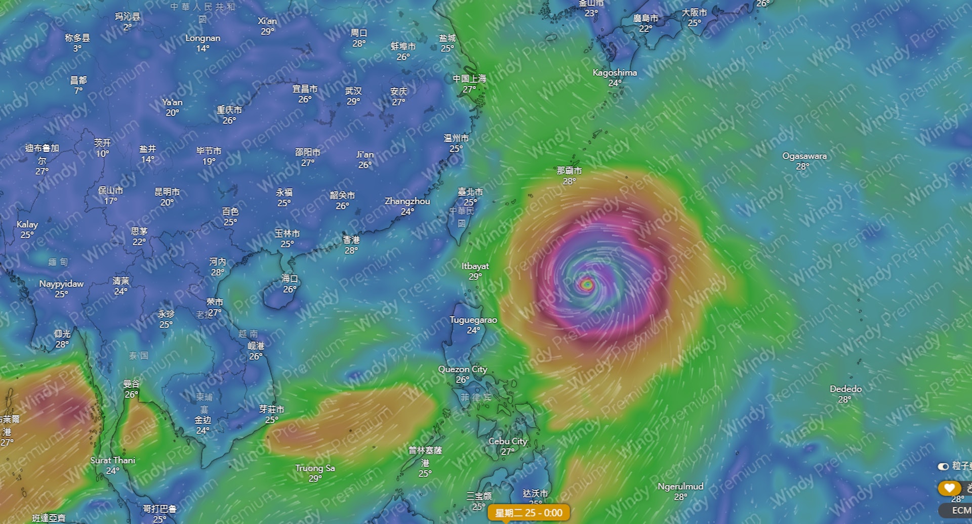 美國全球預報系統（GFS）則顯示，菲律賓以東海域的低壓區會形成熱帶氣旋會於下是期二（25日）向西北方向移動，掠過台灣以東海域，下星期四（27日）向北移動進入黃海，直至下星期五（28日）登陸朝鮮半島西北部，對香港並無影響。（Windy.com）