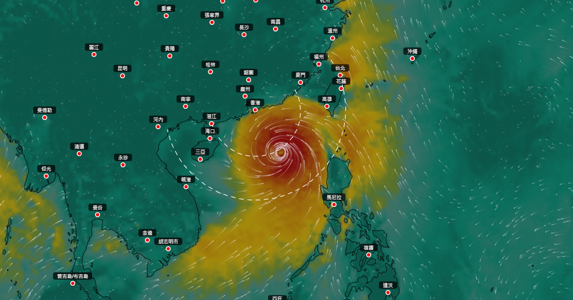 天文台引用歐洲中期天氣預報中心（ECMWF）編製的「地球天氣」風速圖可見，目前位於菲律賓以東海域的低壓區形成的熱帶氣旋會於下星期二（25日）進入南海，下星期四（27日）凌晨闖入香港400公里範圍之內，預計當日晚上直至下星期五（28日）凌晨最接近香港。（天文台「地球天氣」風速圖截圖）