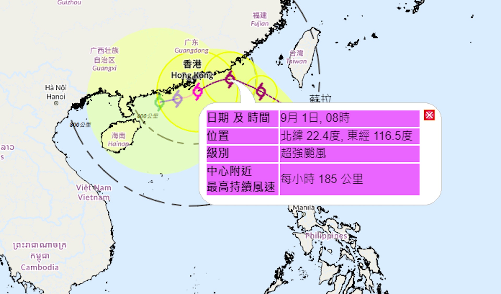 蘇拉移動路徑，9月1日逼近本港100公里，預計中心附近最高持續風速達185公里。本港預計吹北至西北風5至6級，離岸及高地間中達8級。（天文台）