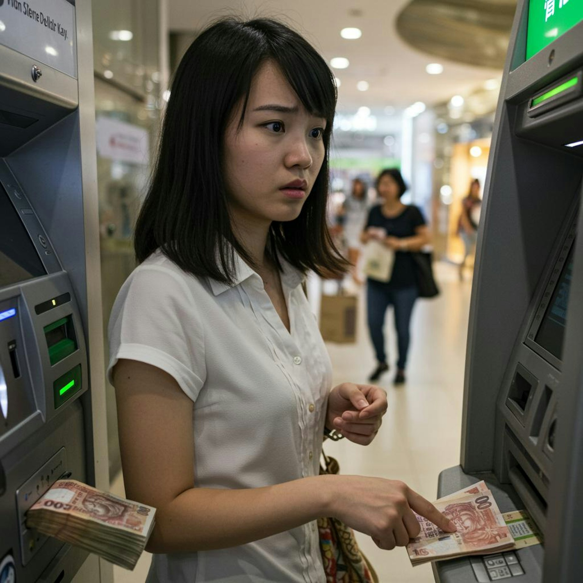 港女聽畢銀行職員回應令她驚嚇,「嘩!聽完我嚇到一額汗。咁請問我大嗱嗱$12000飛咗去邊呢?」。(AI生成圖片) 港女聽畢銀行職員回應令她驚嚇,「嘩!聽完我嚇到一額汗。咁請問我大嗱嗱$12000飛咗去邊呢?」。(AI生成圖片)